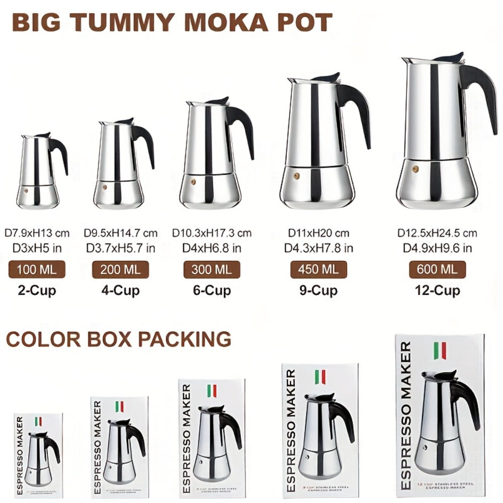 Straight-Sided Stovetop Moka Pot with Reusable Filter, Safety Valve and 2-, 4-, 6-, 9- or 12-Cup Options