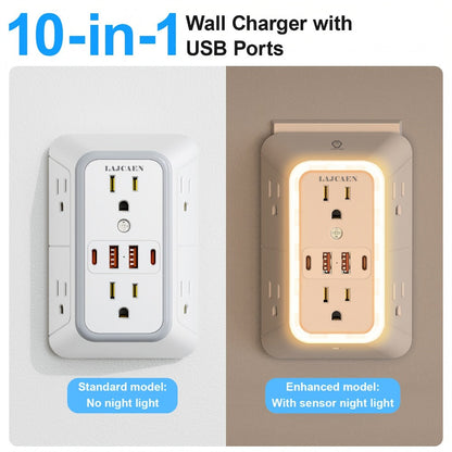 3-Sided Wall Outlet Extender 10-in-1 with 6 AC Outlets & 4 USB Ports (2 USB-A & 2 USB-C), 1050J Surge Protector Multi-Plug Adapter for Home, Travel, Office & College