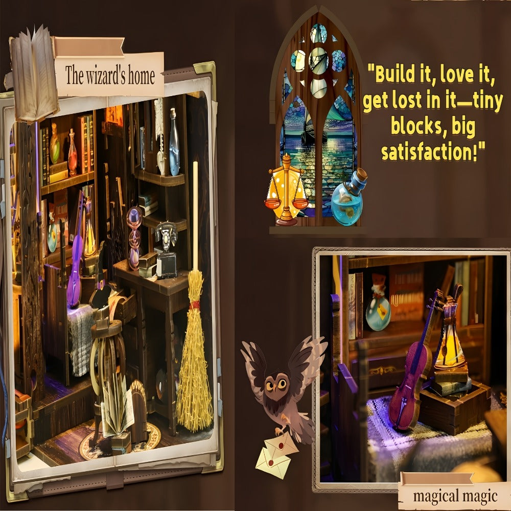 Magic House Book Nook Kit with 388-Piece Library and Potion-Room Scene, Touch Light and Clear Front Panel