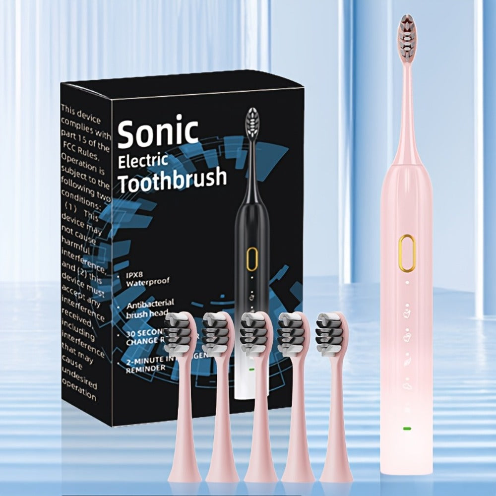 Sonic Electric Toothbrush IPX8 Waterproof USB Rechargeable with 5 Replacement Brush Heads, Smart Timer, Metal Shaft, Couple Design for Adults Men & Women — Black, Green Pink, Pink White