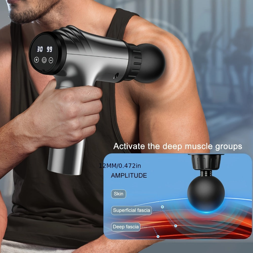 GVBER Handheld Massage Gun in Black with Six Interchangeable Heads, Rear Display and USB-C Charging Port