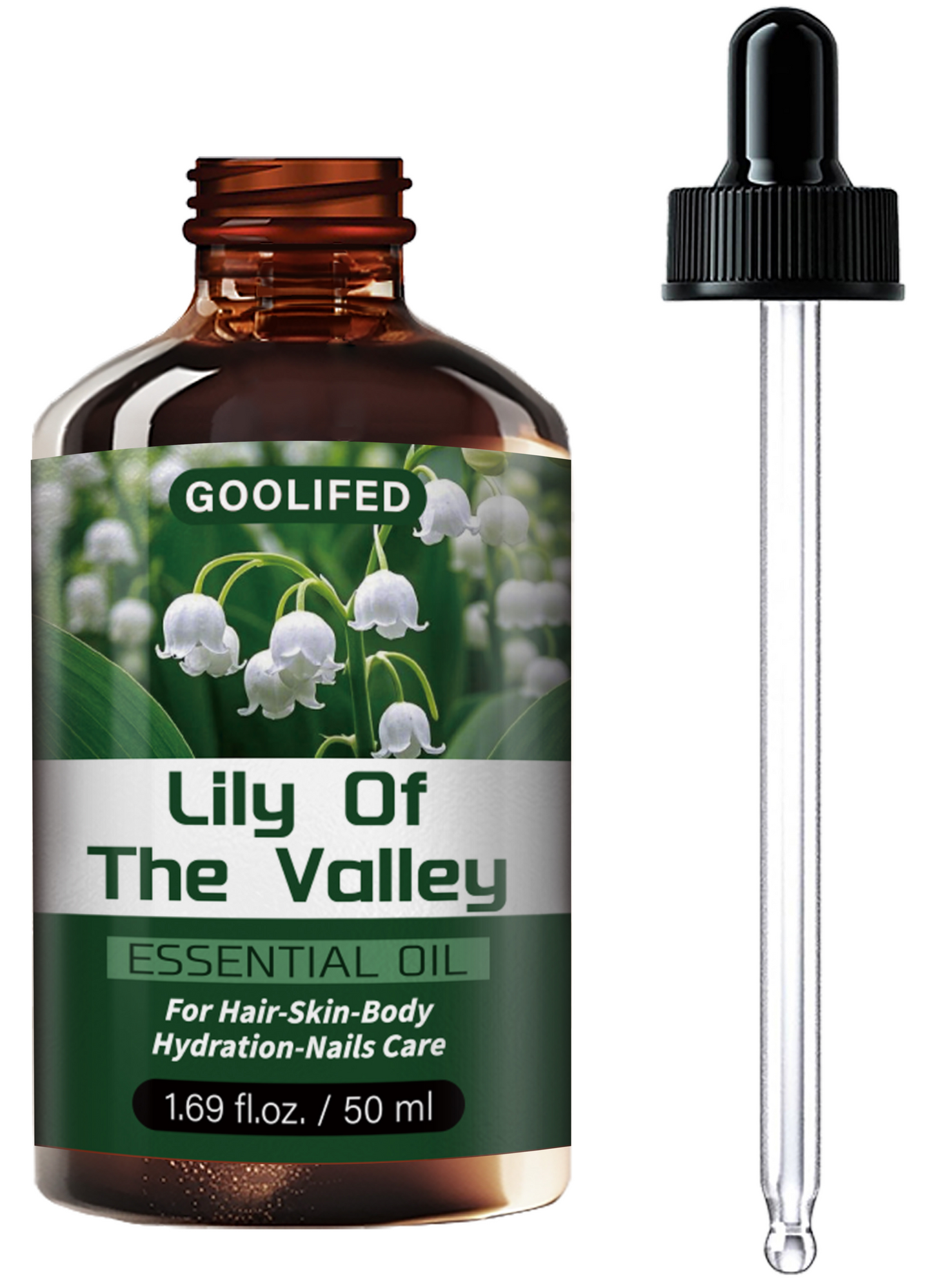 Lily of the Valley Body Oil Blend in a 50ml Amber Dropper Bottle with Floral Green Label Design