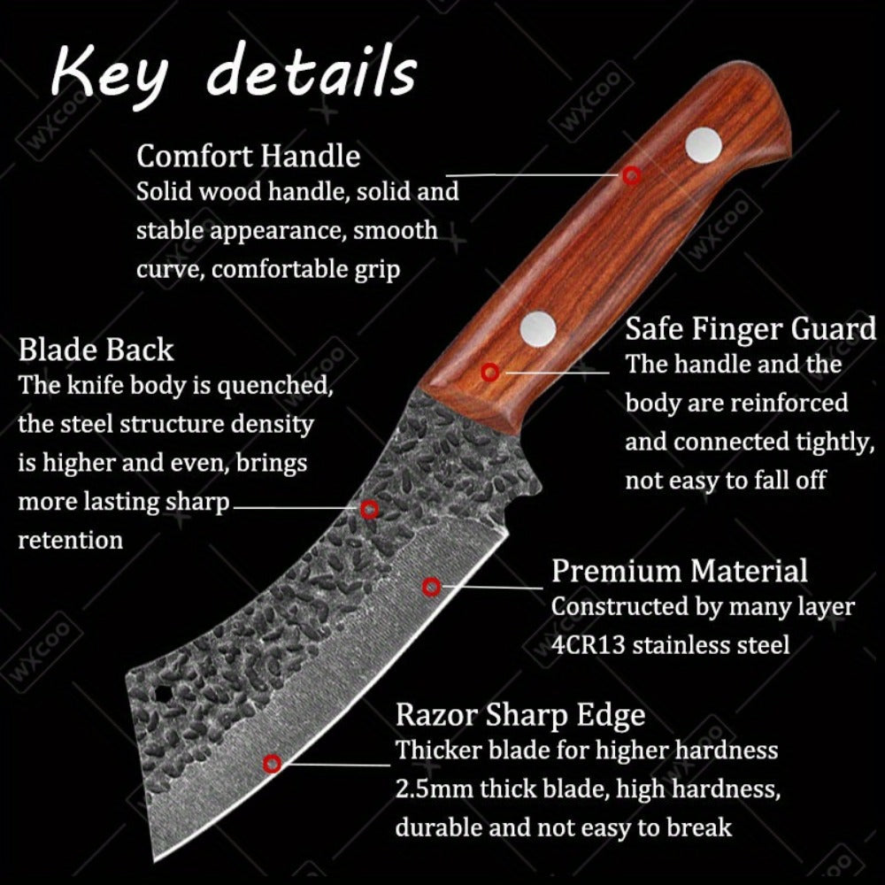 Viking Chef Knife Set 3/4pcs Hammered Stainless Steel Kitchen Knives – Boning, Utility & BBQ Knife with Wooden Handle for Cooking, Camping & Outdoor