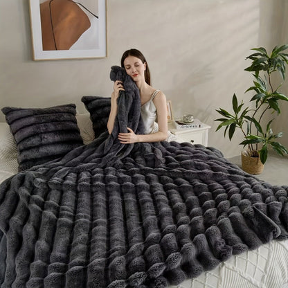 Double-Layer Faux Rabbit Fleece Blanket in Grey, Khaki or Beige with Five Sizes from Small Throw to King