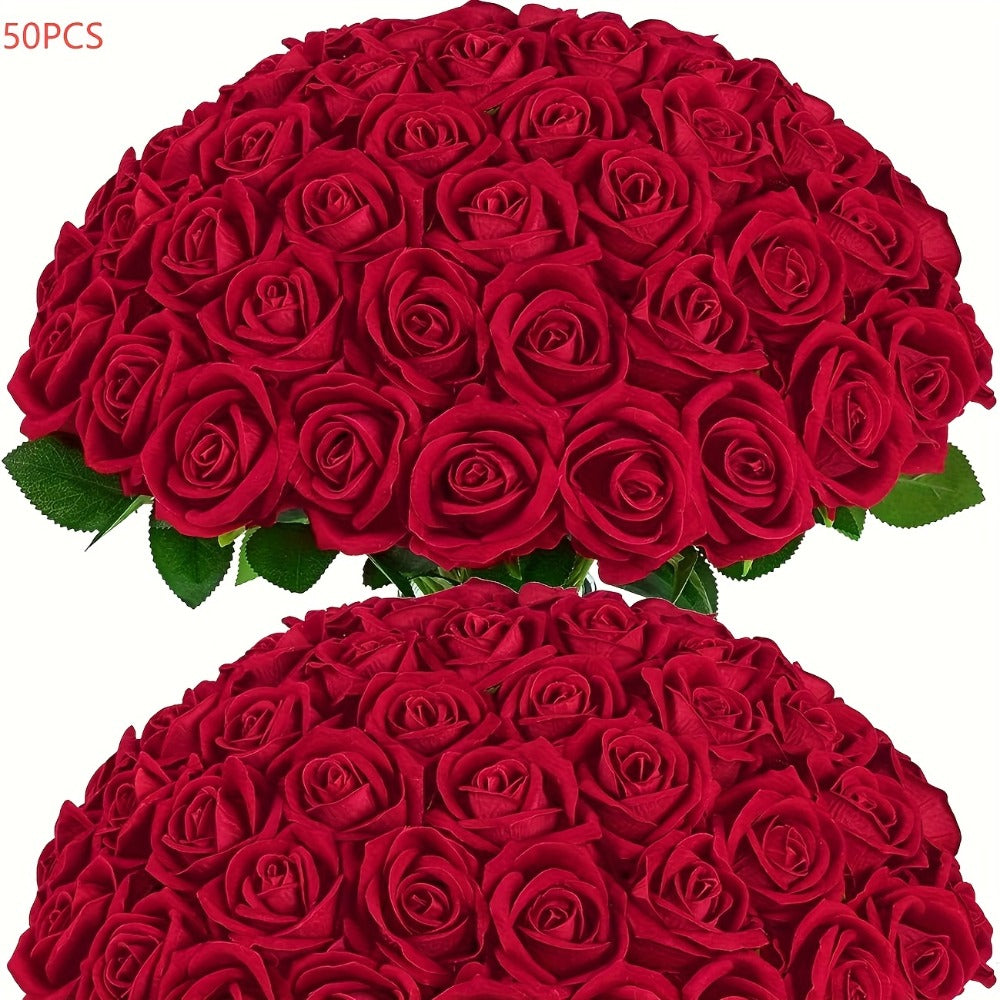 Artificial Flowers Long-Stem Velvet Rose Set in 50 or 100-Piece Variant Options across Five Colors