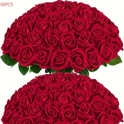 Artificial Flowers Long-Stem Velvet Rose Set in 50 or 100-Piece Variant Options across Five Colors