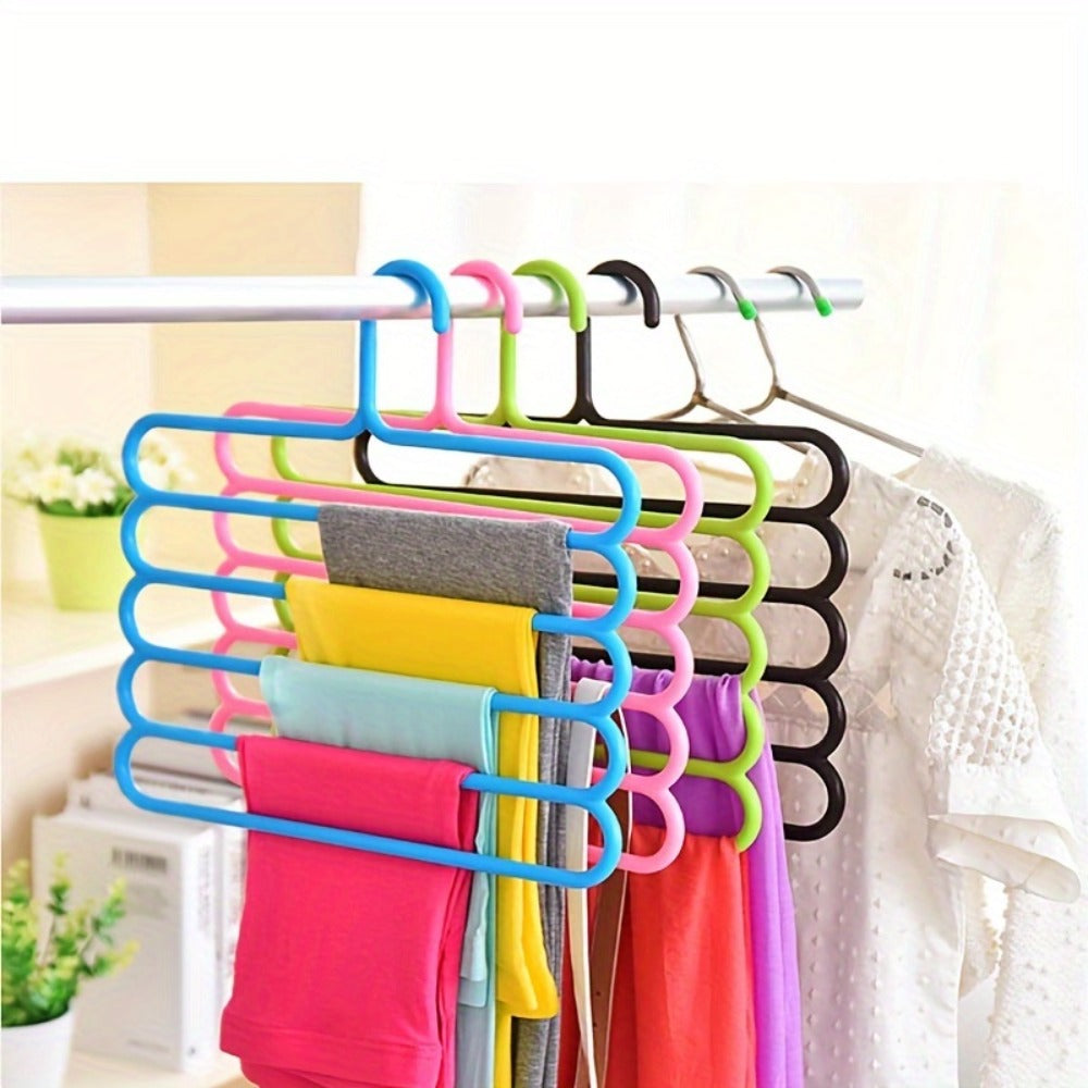 Five-Tier Pants Hangers, 5-Piece Set in Blue, Pink or Green with Horizontal Space-Saving Garment Bars