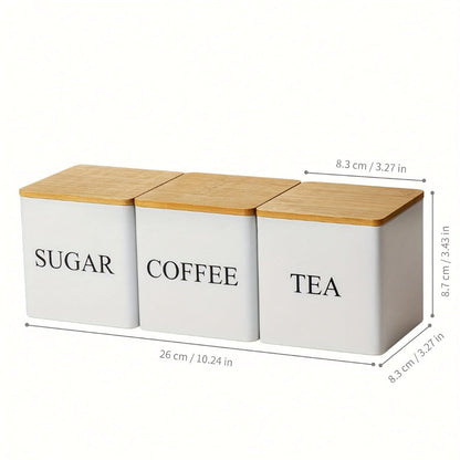 Three-Piece Black or White Ceramic-Style Kitchen Canister Set for Coffee, Tea, Sugar or Spices