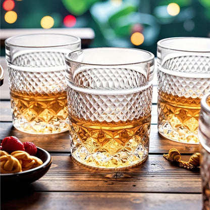 Single Embossed Whiskey Tumbler with Square Rim, Diamond-Cut Pattern and Thick Clear Base for Home Bar Service