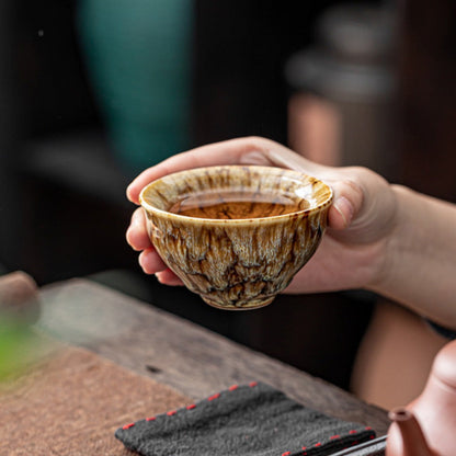 Jianzhan Ceramic Tea Cups Set of 5 – Handmade Kiln-Changed Glazed Kung Fu Teacups, Traditional Chinese Porcelain, Unique Gift for Home Office Business