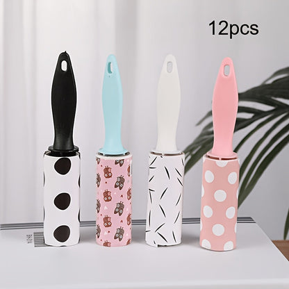 12-Piece Mini Portable Lint Roller Set with Patterned Covers for Clothing, Bags, Furniture and Travel