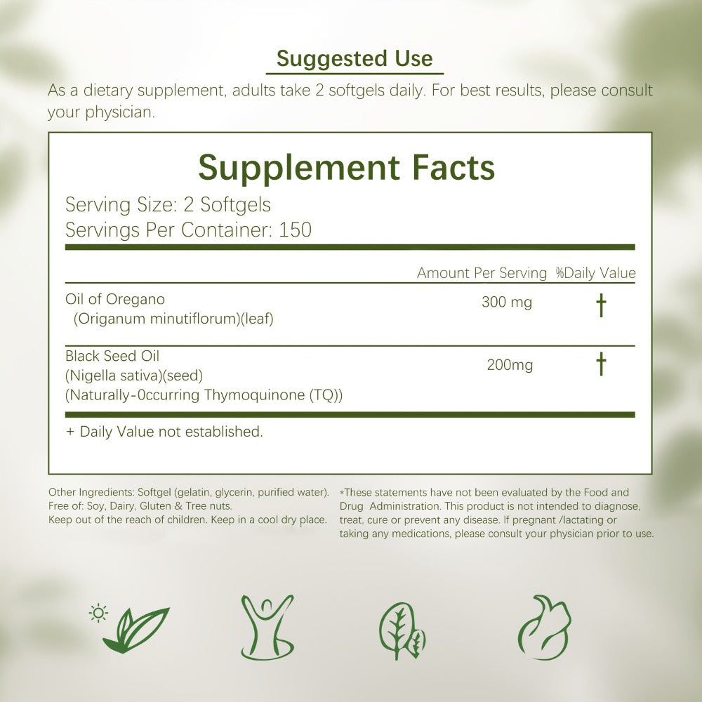 Oil of Oregano and Black Seed Oil Softgel Supplement in One 300-Count Resealable Pouch Package