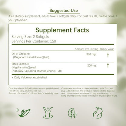 Oil of Oregano and Black Seed Oil Softgel Supplement in One 300-Count Resealable Pouch Package