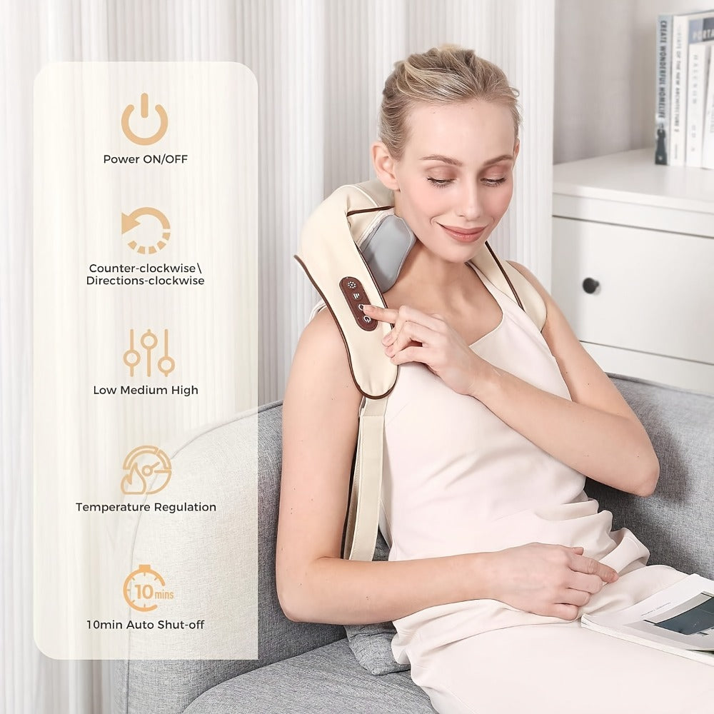 6-Node Wireless Neck and Shoulder Massager with Heat, Hands-Free Straps and Beige or White Color Options