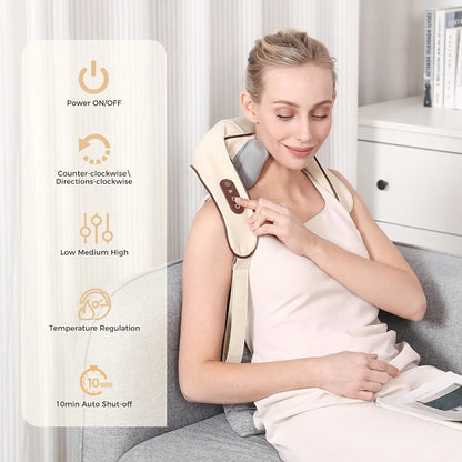 6-Node Wireless Neck and Shoulder Massager with Heat, Hands-Free Straps and Beige or White Color Options