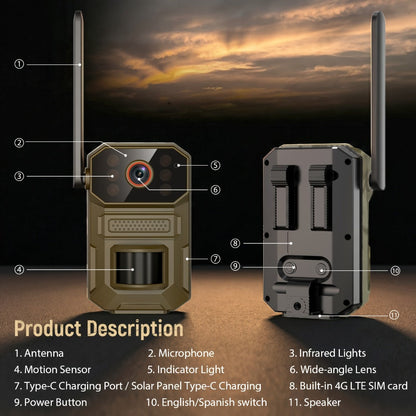 Solar Cellular Trail Camera 1920P No WiFi – 4G LTE Wildlife & Property Monitoring, PIR Motion Sensor, Infrared Night Vision, Two-Way Voice, IP65 Waterproof, Remote Access & 2-Year Replacement Warranty