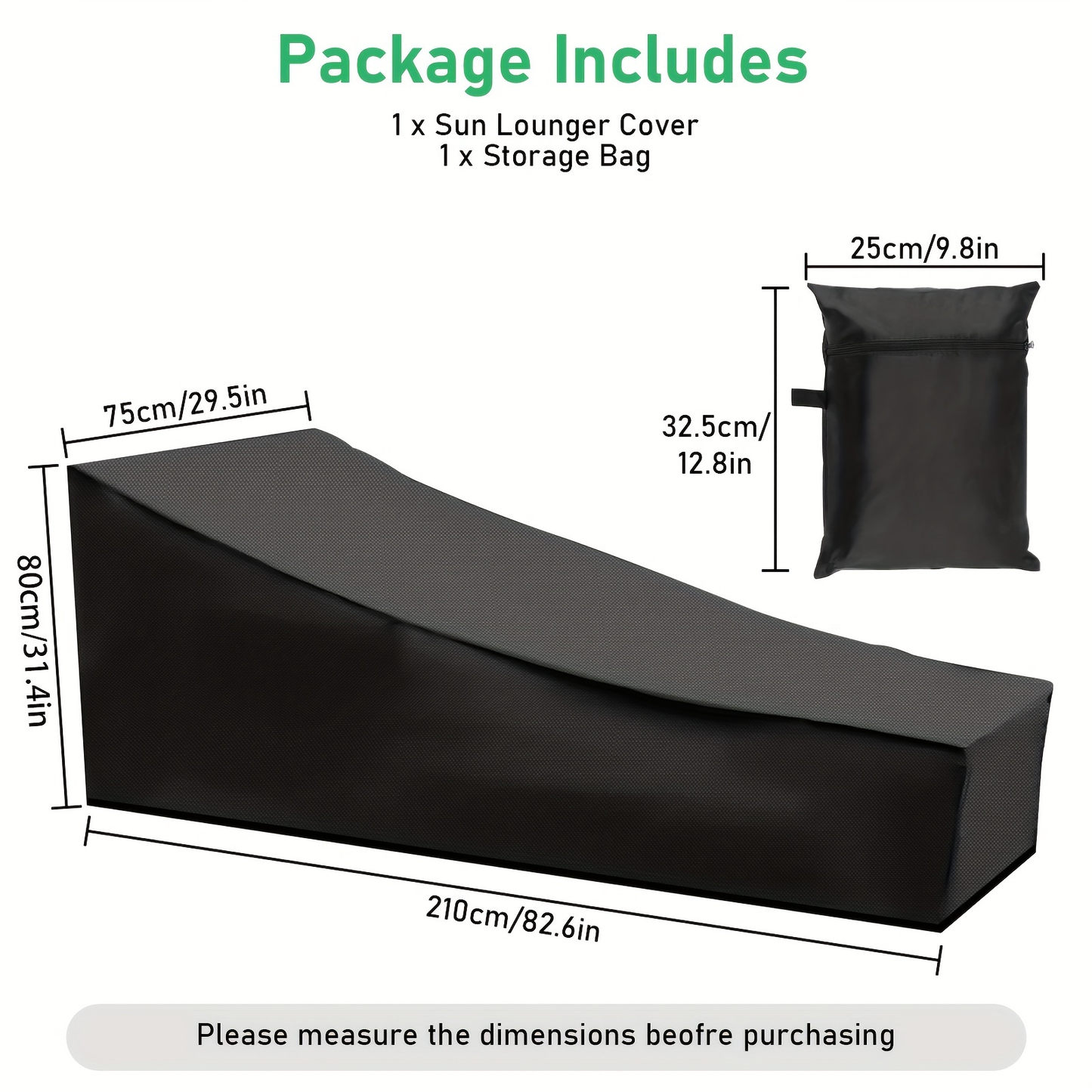 Black Chaise Lounge Cover with 210-by-80-by-75 cm Profile, Hem Cord and Pictured Storage Bag