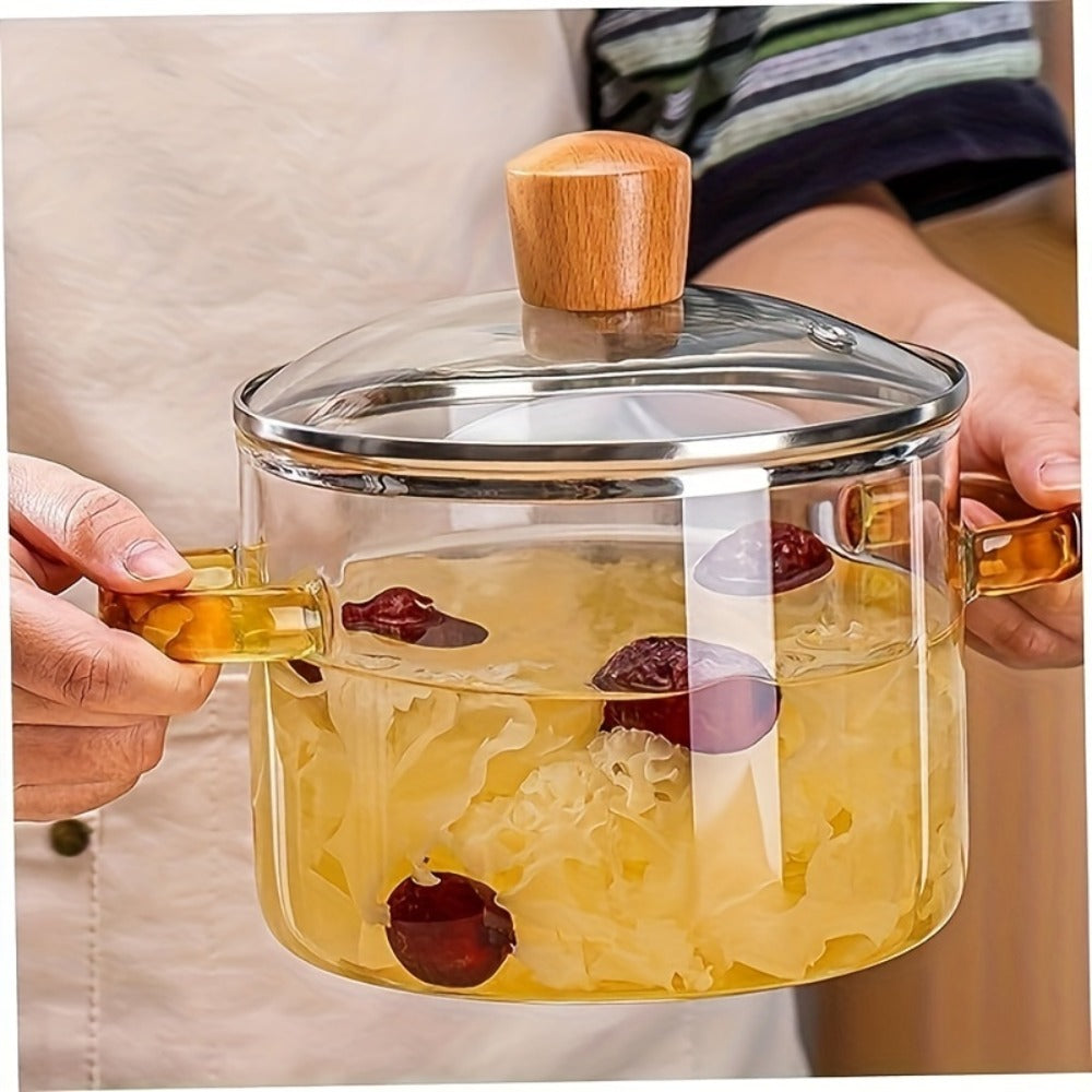 Borosilicate Glass Pot with Lid 50oz Stovetop & Microwave Safe – Double Heat-Resistant Handles for Soup, Milk & Porridge | Transparent Glass Saucepan Kitchen Cooker with Yellow or Green Handle