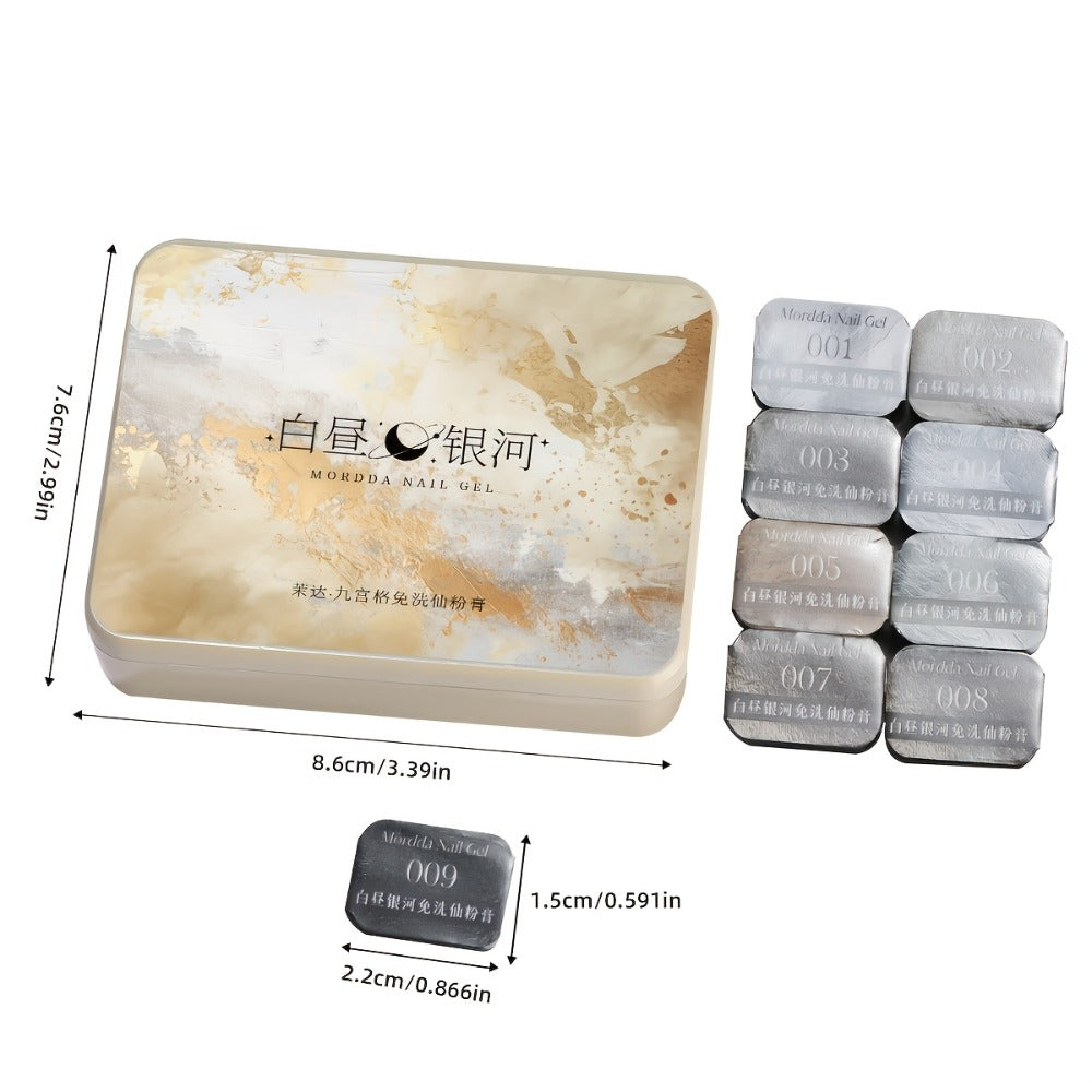 Shimmer Nail Art Gel Nine-Color Grid Palette with Metallic Neutral or Milky Way Color Selection