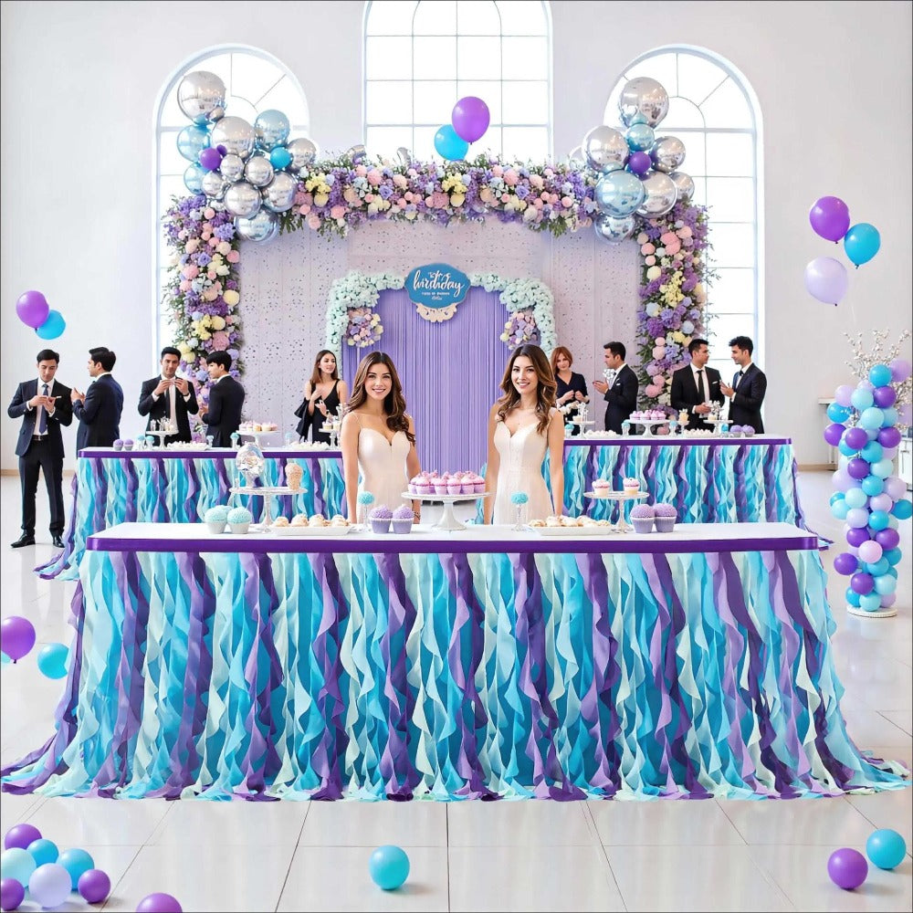 Six-Foot Curly-Willow Tulle Table Skirt with Twelve Color Options and Pictured Attachment Strips