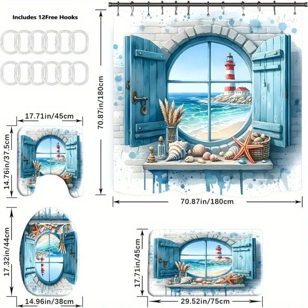 Lighthouse Ocean View Shower Curtain with Single-Curtain or Four-Piece Bathroom Set Checkout Options