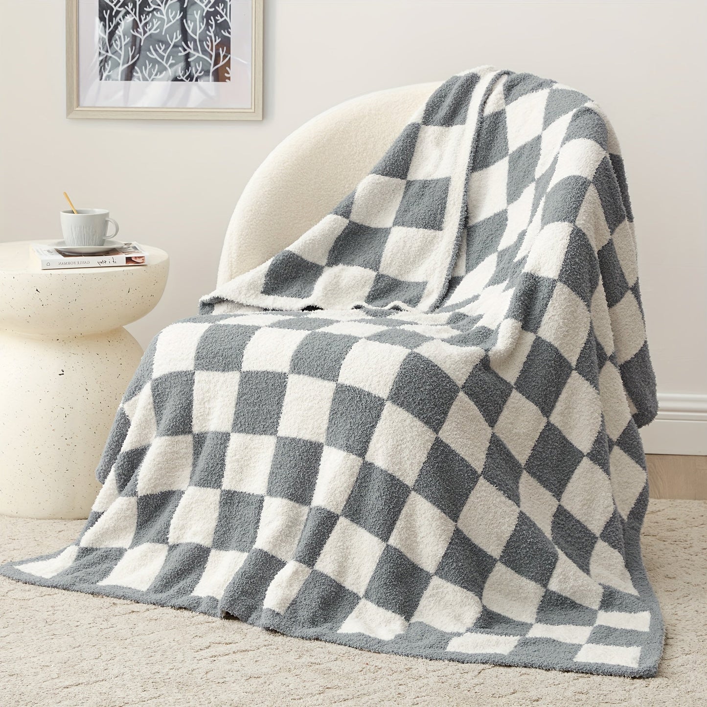 Jacquard Knit Checkered Blanket – Soft Cozy Fluffy Plaid Throw for Couch, Bed & Sofa, All Seasons, 4 Colors, Throw to King Size