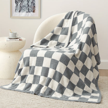 Jacquard Knit Checkered Blanket – Soft Cozy Fluffy Plaid Throw for Couch, Bed & Sofa, All Seasons, 4 Colors, Throw to King Size