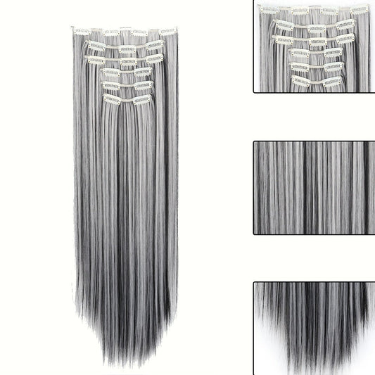 Space Gray Clip In Hair Extensions 6 Piece Set 24 Inch Heat Resistant Synthetic Fiber – Instant Length & Volume for Women | Daily Wear Halloween Costume Cosplay Party Gift