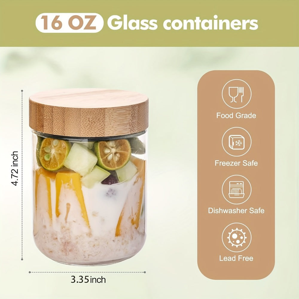 Glass Jars with Bamboo Lids - Airtight Wide Mouth Mason Jars for Overnight Oats Yogurt Chia Seeds Snacks and Meal Prep, Clear Glass Food Storage Containers for Salad Spice and Sugar, Available in 4 Pack 16oz or 6 Pack with Spoons