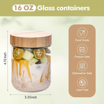 Glass Jars with Bamboo Lids - Airtight Wide Mouth Mason Jars for Overnight Oats Yogurt Chia Seeds Snacks and Meal Prep, Clear Glass Food Storage Containers for Salad Spice and Sugar, Available in 4 Pack 16oz or 6 Pack with Spoons
