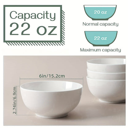 Ceramic Bowls Set 22oz White Porcelain - Dishwasher & Microwave Safe Soup Bowls for Kitchen, Cereal, Ramen, Oatmeal, Salad & Rice - Polished Finish Round Bowls Available in 4 or 6 Piece Sets
