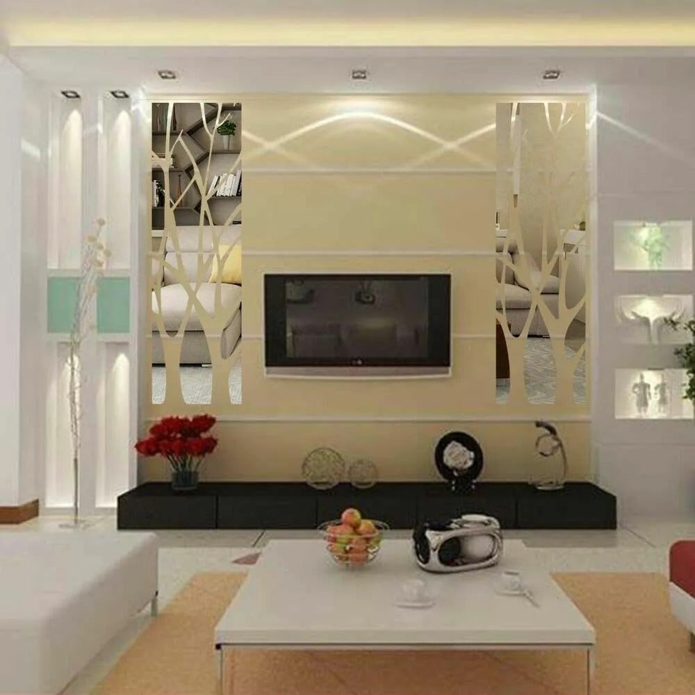 Silver Acrylic Mirror Tree Wall Decal with Branch and Leaf Pieces for a 39.4 x 11.02 in Layout