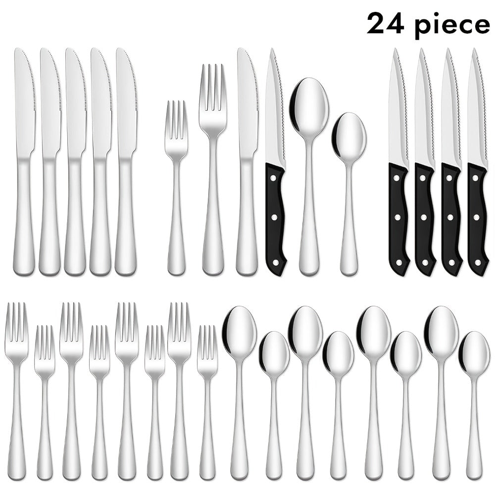 Stainless Steel Flatware Set with Steak Knives – 24/48 Piece Silverware Set Service for 4 or 8, Mirror Polished Cutlery, Dishwasher Safe, Silver & Black