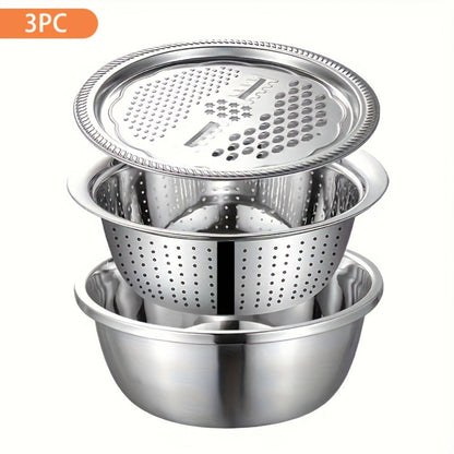 Stainless Steel Kitchen Bowl Set, Three-Piece Grater, Colander and Mixing Bowl Prep System