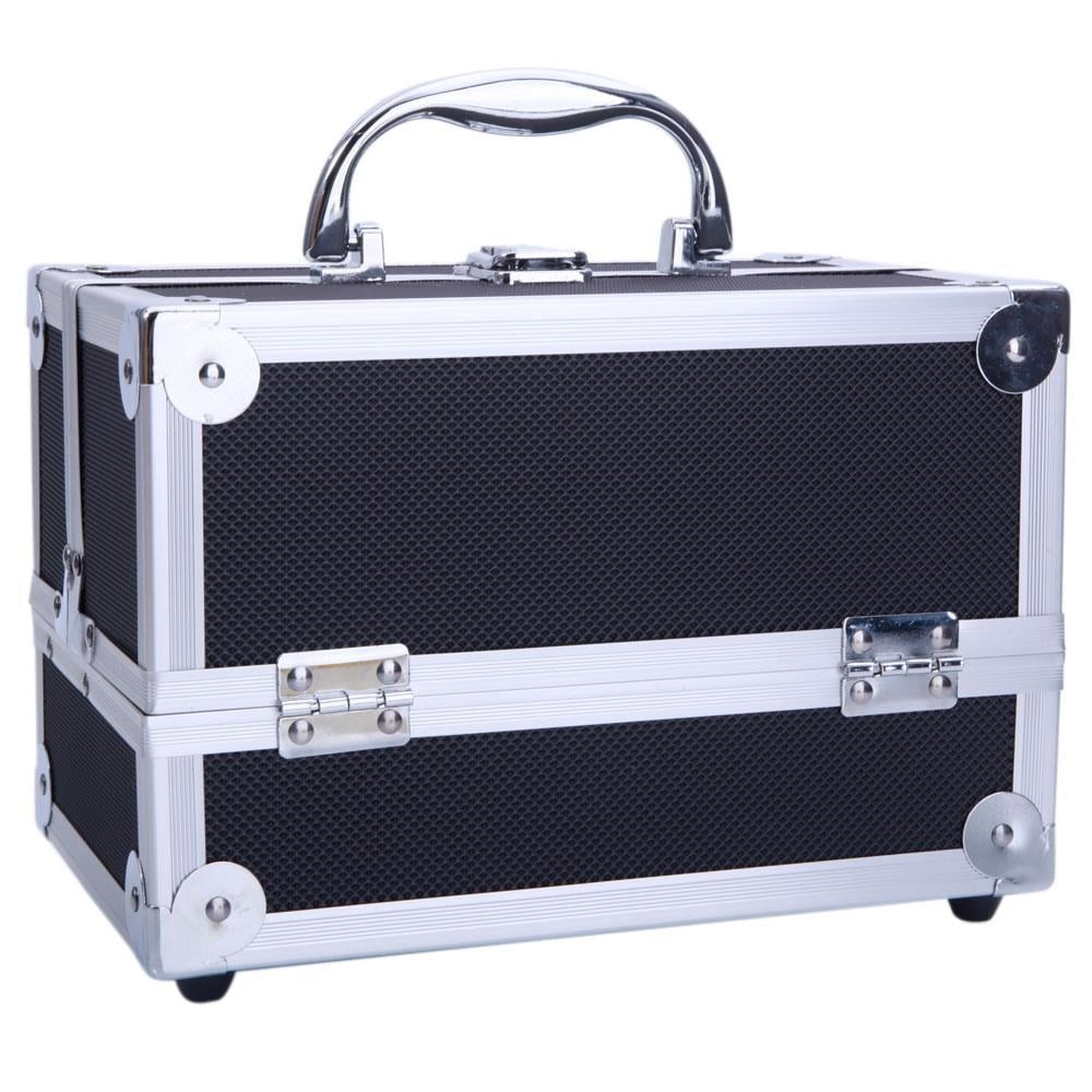 Tabletop Makeup Carry Case with Mirror, Fold-Out Trays and Dividers in Black, Silver or Pink
