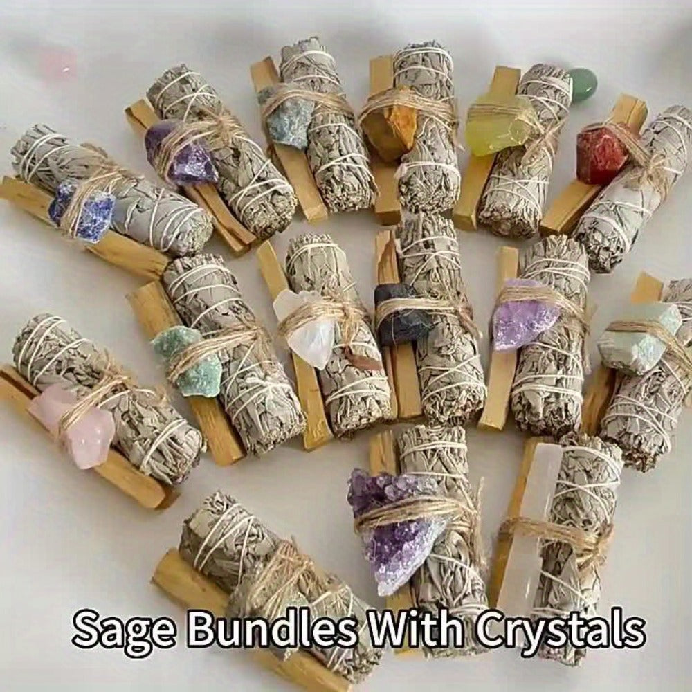 Natural White Sage and Random Crystal Decor Set for Meditation Spaces, Displays and Seasonal Gifts
