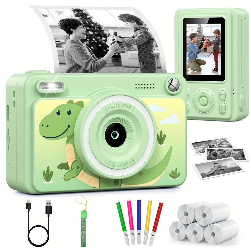 Kids Instant Print Camera with Cartoon Unicorn or Dinosaur Design, Paper Rolls, Color Pens and Four Color Options