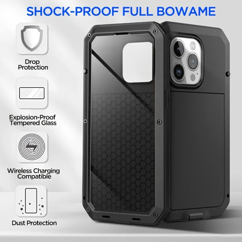 Metal-Frame Full-Body iPhone Case with Built-In Glass Screen Cover for Selected iPhone 11 through 16 Models