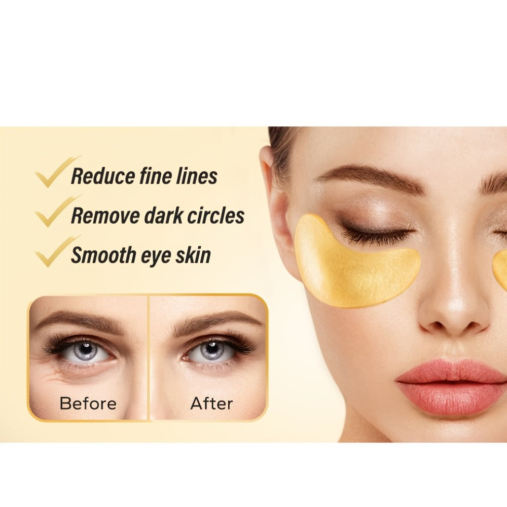 24-Pair Gold-Tone Under-Eye Patch Box with Individual Pouches and Collagen, Glycerin and Hyaluronic Acid Wording