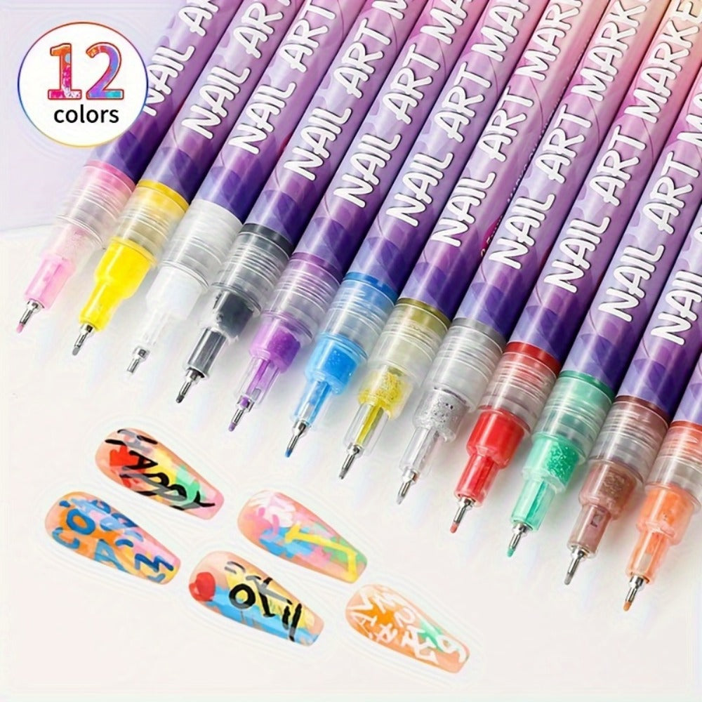 Acrylic Nail Art Pen Set 12 Colors 3D Doodle & Dot Stitching Pens, Quick Drying Precision Fine Tip for