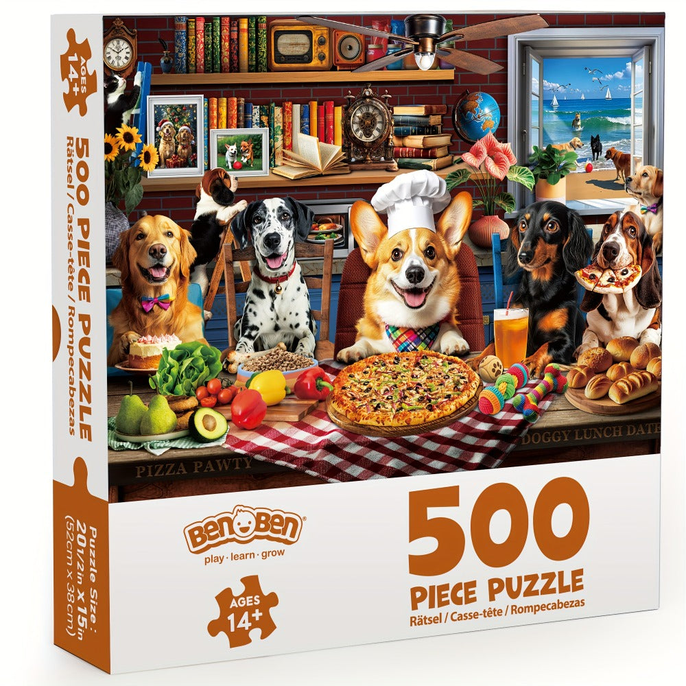 Dogs Dinner Party Jigsaw Puzzle in 500- or 1000-Piece Options with Lettered Backs and Reference Poster for Adults