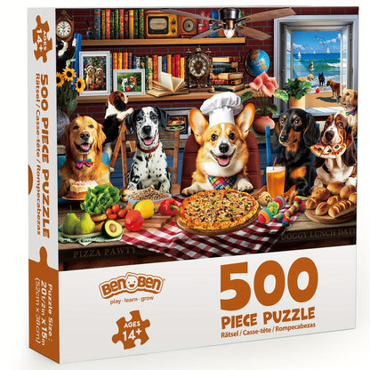 Dogs Dinner Party Jigsaw Puzzle in 500- or 1000-Piece Options with Lettered Backs and Reference Poster for Adults