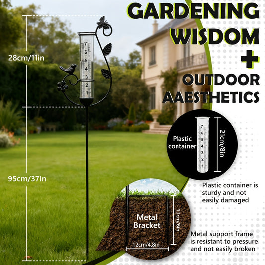 Decorative Rain Gauge Outdoor - 8-Inch Large Capacity Bird Ornament & Metal Spiral Rainfall Collector for Garden, Lawn & Patio, No Electricity Needed
