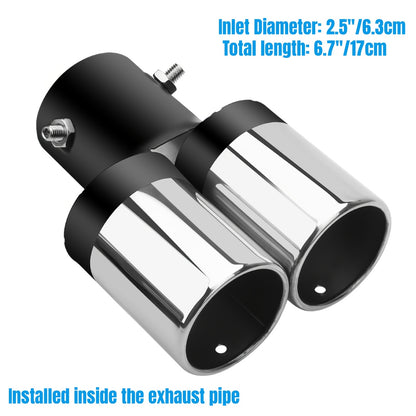 Dual Exhaust Tip 2.5" Inlet Stainless Steel Double Outlet Car Muffler Tailpipe Tip – Bolt-On Curved Bevel Port, Black & Blue