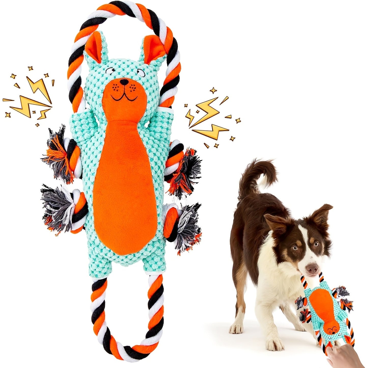 Squeaky Plush Dog Toys - Interactive Stuffed Animal Chew Toys with Built-in Squeaker & Pull Rope, Soft Durable Dog Toys for Small Medium Large Dogs, Cute Puppy Toys Gift Set (Monkey, Chinchilla, Squirrel, Cotton Rope)