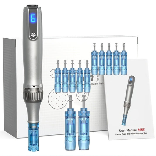Microneedle Pen Wireless Electric Derma Pen M8S — Adjustable Microneedling Device with 12pcs Replacement Cartridges for Skin Rejuvenation Collagen Boost Anti-Aging Face Neck Body