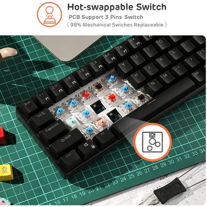 Hot Swappable Mechanical Keyboard 60% RGB Backlit 61 Keys – Customize Red or Cyan Switches, Ultra-Compact Wired Tenkeyless Design for PC, Laptop & Mac | No Solder Switch Change | Black & White