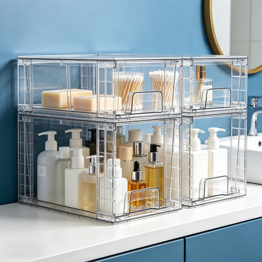 Stackable Bin Storage Organizer 3 or 4-Piece Clear Plastic Set with Lids and Handles in Mixed Sizes