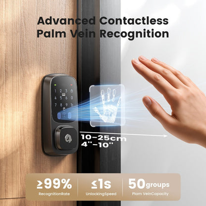 Palm Vein Smart Lock WiFi 6 Keyless Entry Deadbolt with Keypad, Alexa & Google Home Voice Control, Auto Lock, 10000mAh Rechargeable Battery, AI Biometric Contactless Front Door Lock, Black