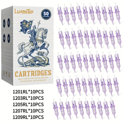 Tattoo Cartridge Needles with Lumentip Label, 50-Piece #12 Mixed or Round Liner Pack Choice